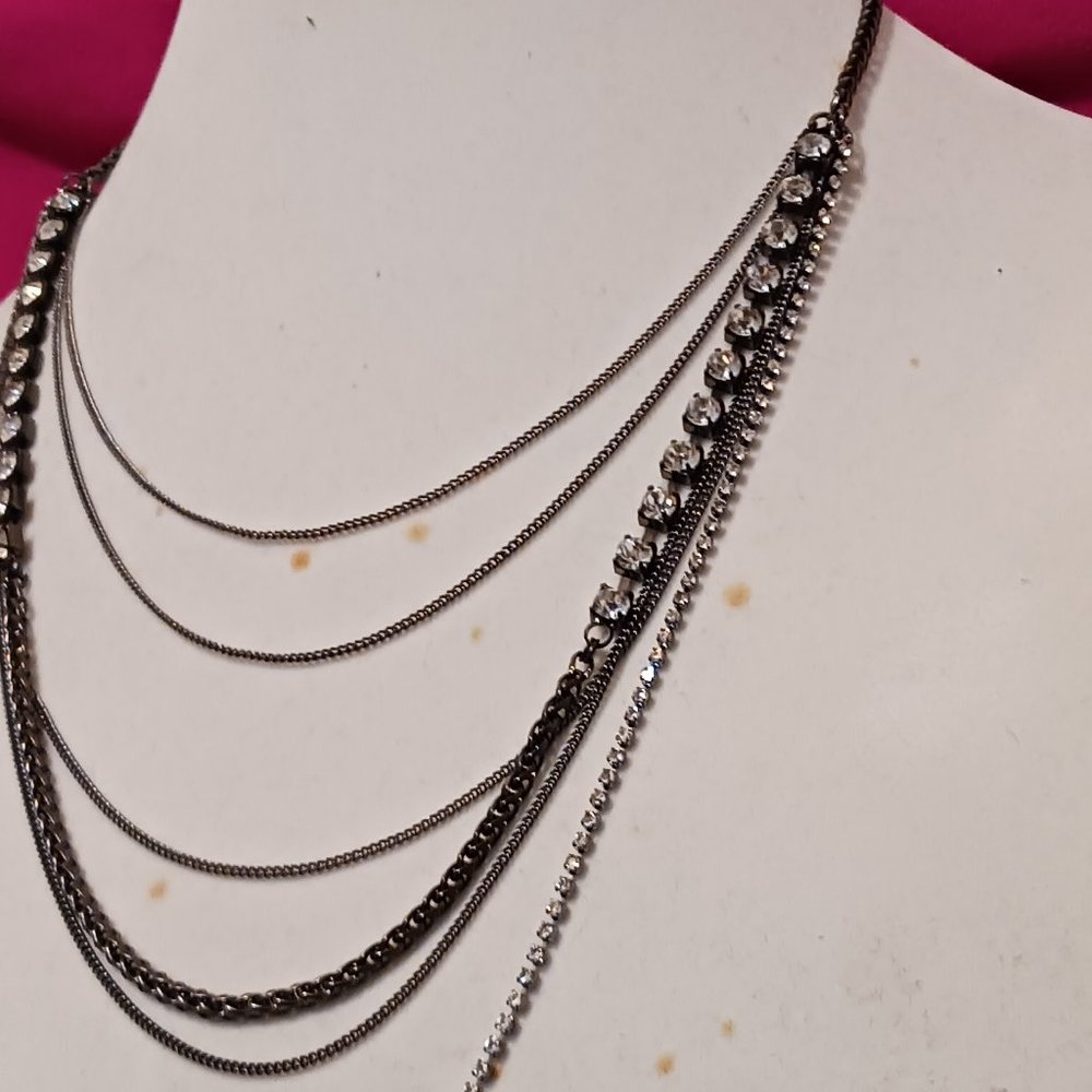 Hand Crafted Gun Metal Chain and Rhinestone Multi Layer Necklace - Picture 5 of 11